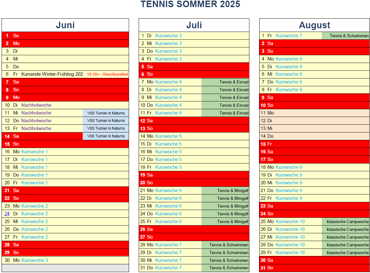 Tennis Sommer 2025 Planing